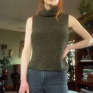 Army Green Ribbed Knit Sleeveless Turtleneck Top